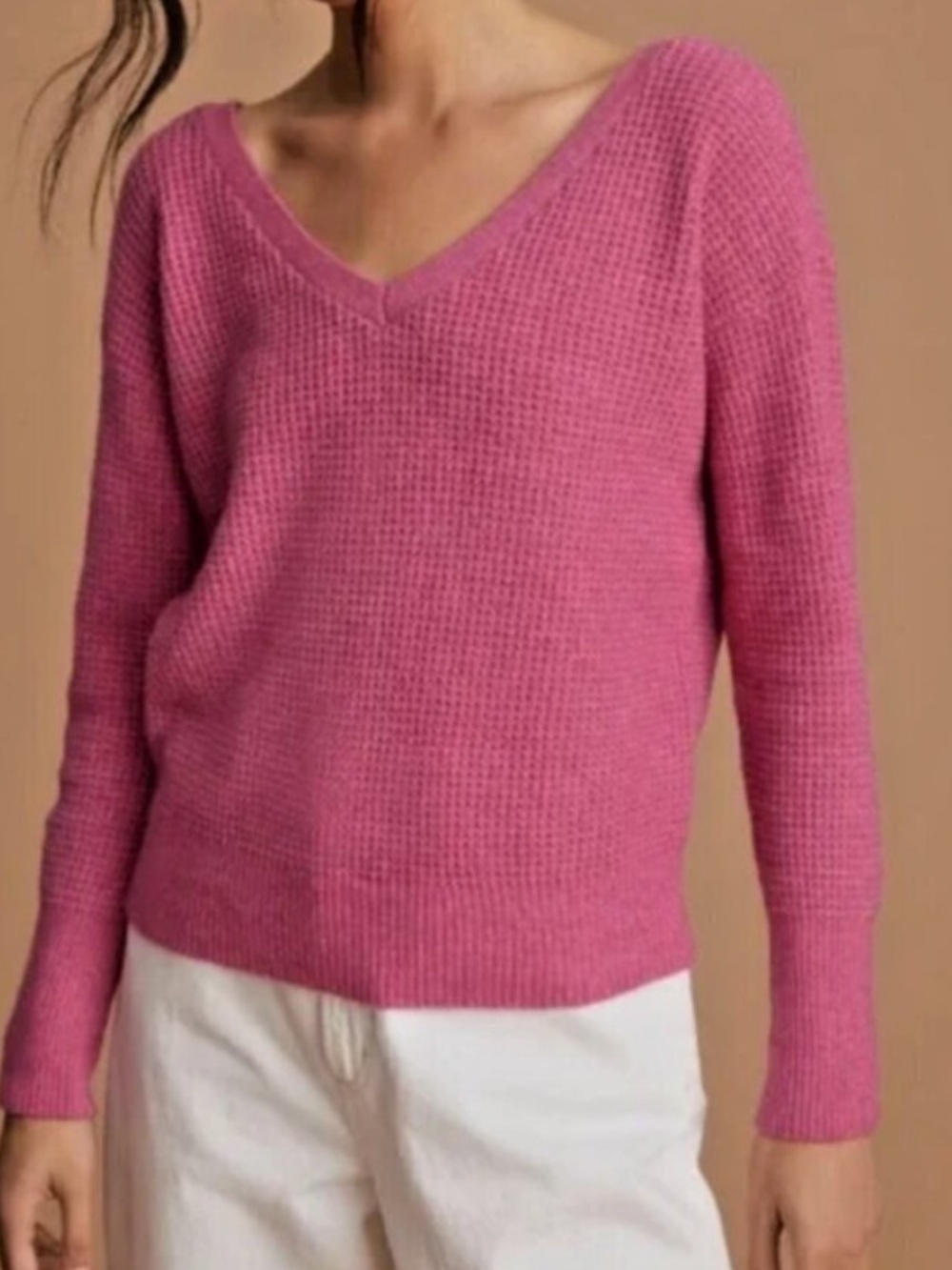 Anthropologie Maeve Waffle Knit Cross-Back Lattice V-Neck Sweater